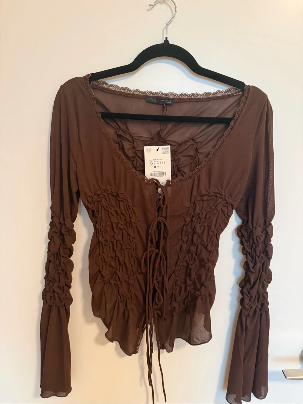 ZARA Brown Ruched Mesh Tie Front Top NWT Sheer Bell Sleeve Fairy Boho Size S